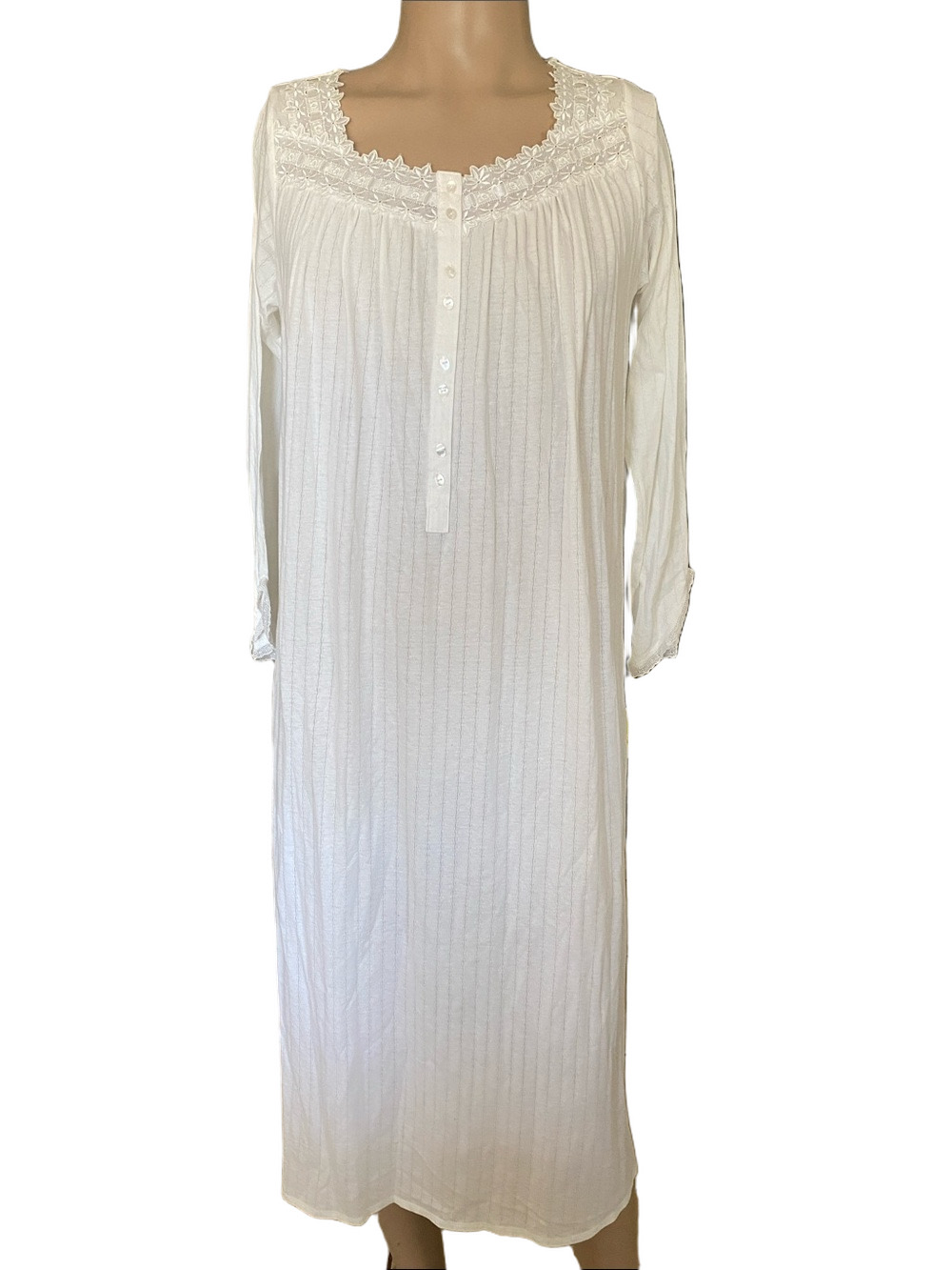 Eileen West Knit White Long Sleeve Cotton Nightgown with Lace Yoke
